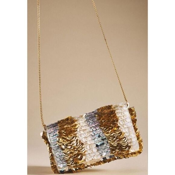 Anthropologie Sequined Crossbody Clutch, Neutral Colorway, Gold Chain | OS NWT - Picture 4 of 11